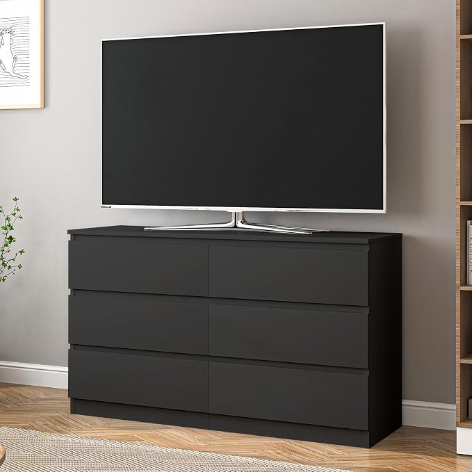 Vibe & Dine 6 Drawer Double Dresser, Modern Chest of Drawers with Wide Storage for Closet, Bedroom, Living Room, Black