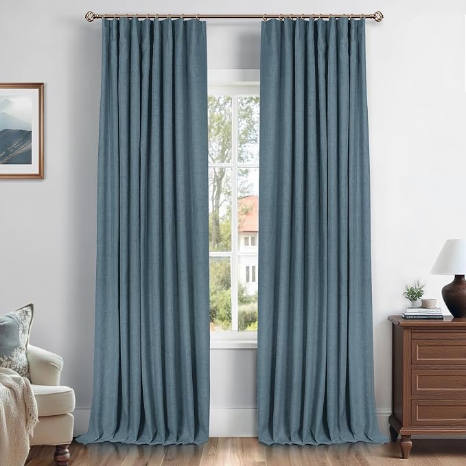 INOVADAY 100% Blackout Curtains for Bedroom Black Out Curtains 96 Inch Long | Stone Blue Living Room Curtains 2 Panels, Clip Rings Linen Look Blackout Drapes, Thermal Insulated Room Darkening,W50xL96