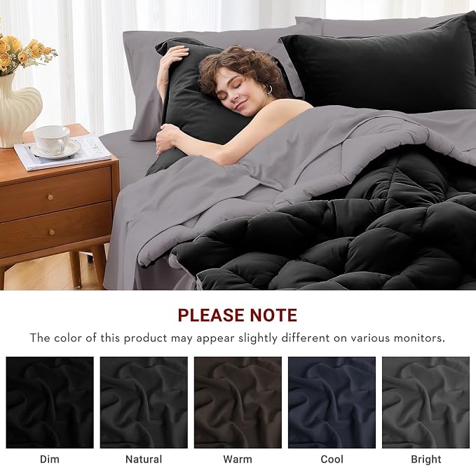 7 Pieces Queen Comforter Set, Reversible Bed in a Bag Queen Size, All Season Bedding Set with Comforter, Flat Sheet, Fitted Sheet, Pillowcases & Shams, Black & Soot