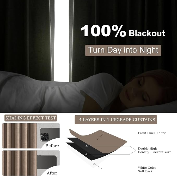 Topfinel 86 Inch Blackout Linen Curtains for Bedroom 2 Panels Memory Trained 100% Black Out Soundproof Room Darkening Back Tab Taupe Dark Flax Window Curtains Drapes