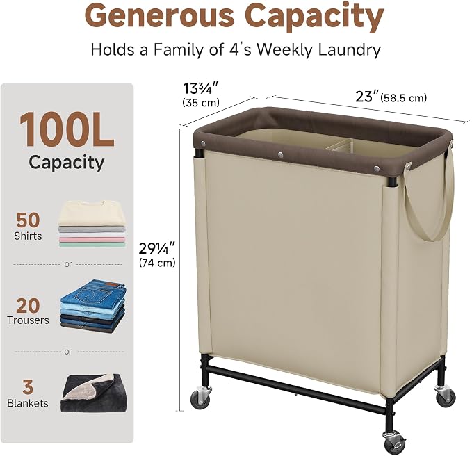 StorageWorks 2 Section Laundry Hamper, 100L Tan Sorter Cart with Wheels | 2 Section Laundry Hamper with Wheels, Tan Sorter Cart, Rolling Organizer for Bedroom, Bathroom, Apartment