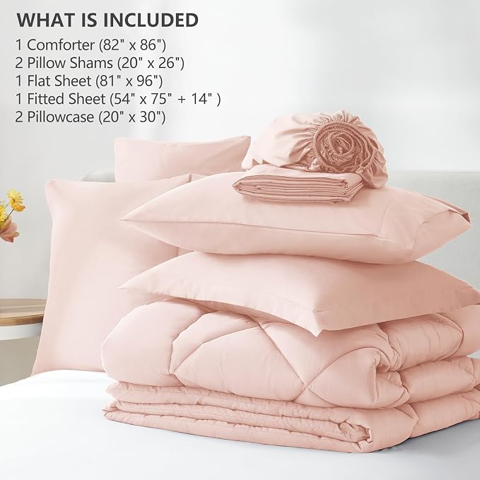 Full Size Comforter Sets Blush Pink - 7 Pieces Complete Bedding Set | OEKO-TEX Certified, All Season, 240GSM Down-Alternative Comforter, Sheets, Pillowcases & Shams, 14" Deep Pocket, Easy Care