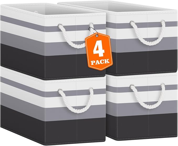 Storage Bins 4-Pack, Foldable Storage Baskets for Organizing Toys, Books, Shelves, Closet, Large Storage Box with Rope Handles, Sturdy Organizer Bins,Gradient Grey