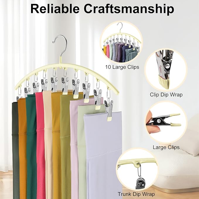 Volnamal Legging Organizer for Closet,2 Pack Metal Yoga Pants Hangers,Ivory | Clothes Hanger w/10 Clips Hold 20 Leggings,Space Saving Hanging Closet Organizer College Dorm Essentials Apartment Essential