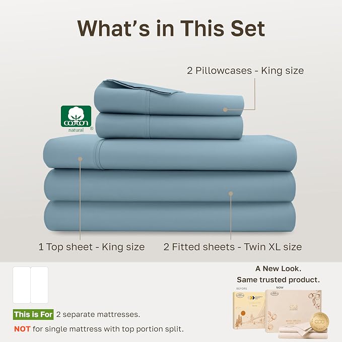 California Design Den 100% Cotton Sateen Split King Sheets, 5 Pcs, Sky Blue | 400 Thread Count with Good Housekeeping Seal, Split King Sheets Sets for Adjustable Bed with 2 Separate Twin-XL Mattresses
