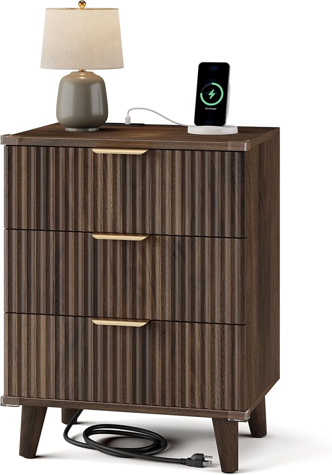 Lulive Wood Bedside Table w/Charging Station, 3 Drawers Fluted Dresser | Walnut, Large Drawers, Metal Silent Rails, FSC Wooden, Sturdy Legs, Modern Fluted Panel, Living Room, Bedside Table