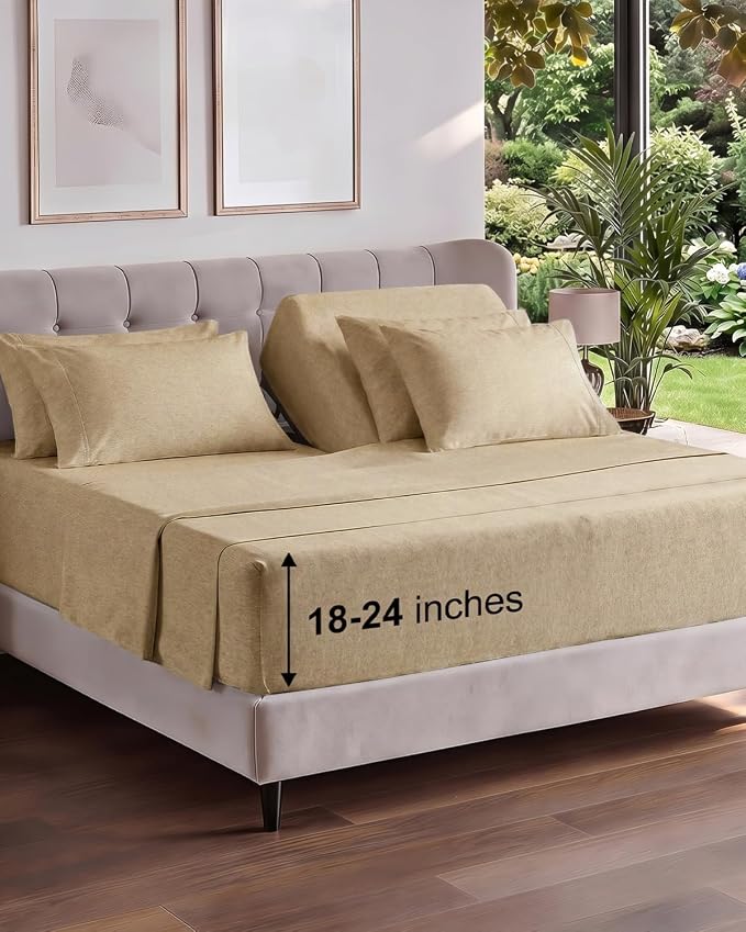 Extra Deep Flex Top Split Head King Sheet Set - 6 Piece Breathable and Cooling Sheets - Hotel Luxury Bedding for Women, Men, Kids & Teens - Easy Secure Fit - Extra Deep Pockets - Heathered Tan