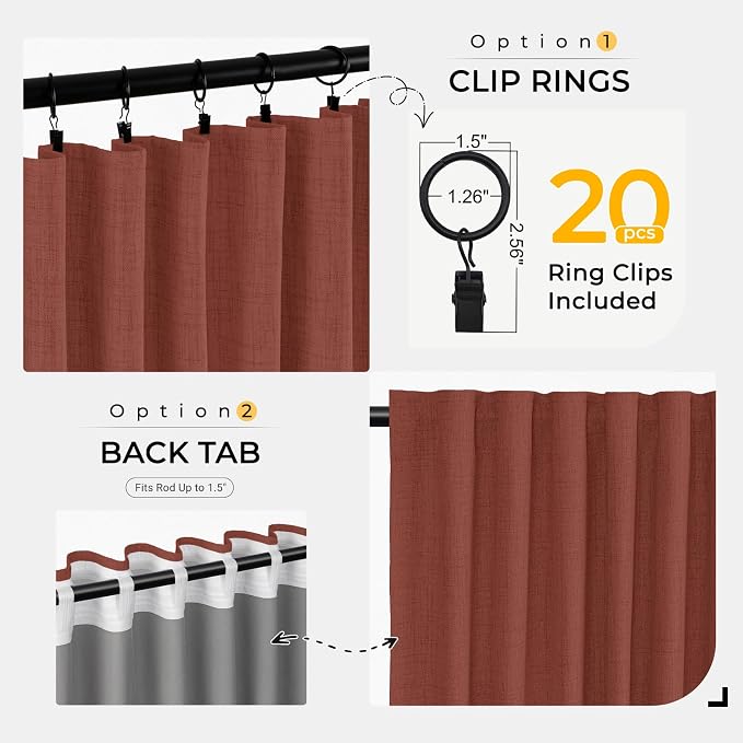 INOVADAY 100% Blackout Curtains for Bedroom Black Out Curtains 96 Inch Long | Terracotta Living Room Curtains 2 Panels, Clip Rings Linen Look Blackout Drapes, Thermal Insulated Room Darkening,W50xL96