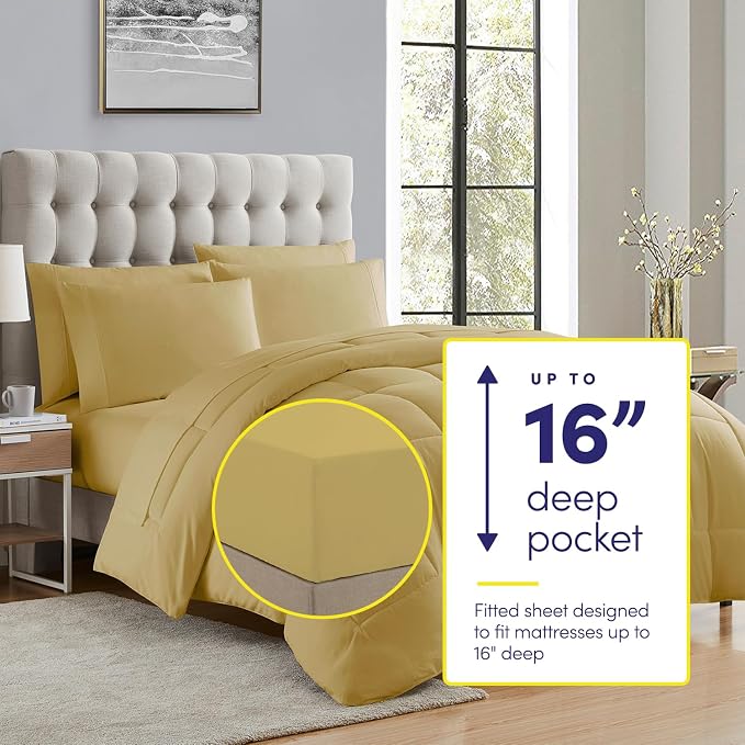 Sweet Home Collection 7 Piece Comforter Set Bag Solid Color All Season Soft Down Alternative Blanket & Luxurious Microfiber Bed Sheets, Camel, Twin XL