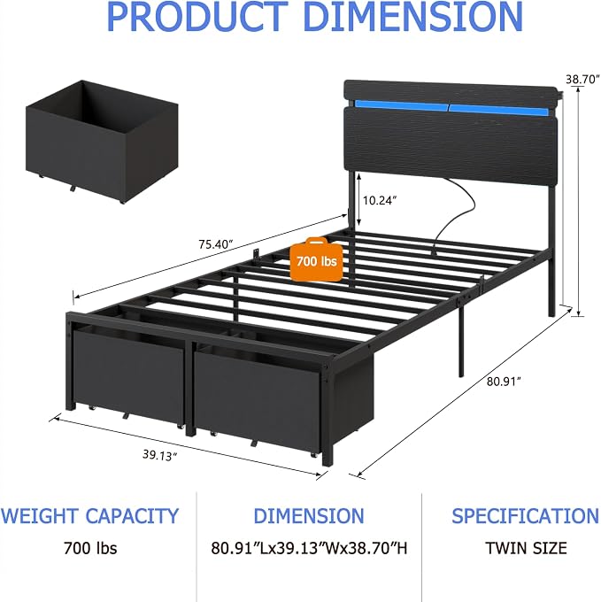 Forestell Twin Bed Frame with Wood Headboard,2 Storage Drawers & Shelf | Built-in Charging Station & LED Lights, Metal Support, No Box Spring Needed, noise-free, easy assembly, Smart RGB, USB+Type-C