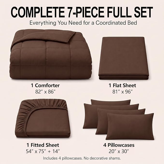 Full Size Comforter Sets Brown - 7 Pieces Bed in a Bag | OEKO-TEX Certified, All-Season, Bedroom, Guest Room, Down-Alternative Comforter + Flat & Fitted Sheets + 4 Pillowcases