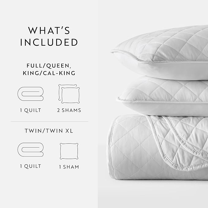Merit Linens Modern Quilt Coverlet Soft Set in Diamond Stitching - King/Cal-King Light Gray