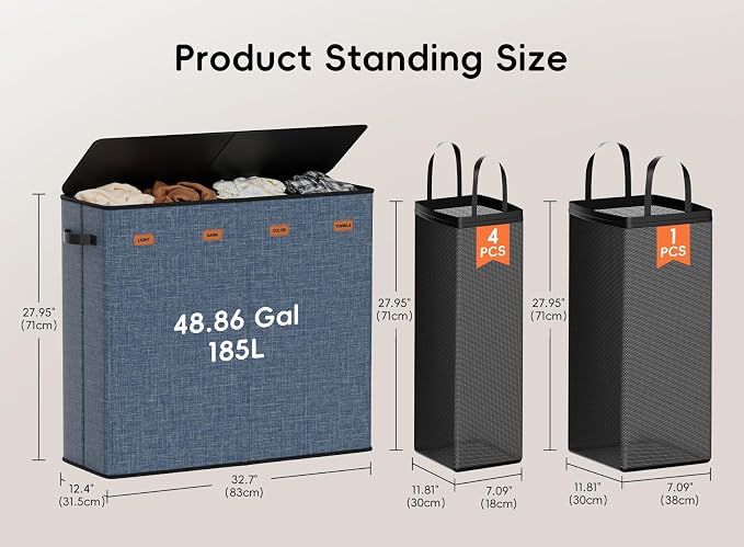 Laundry Hamper 4-Section with Lid, 185L Laundry Sorter with 4 Removable Bags + 1 Extra Large Bag, Switchable 3/4 Compartment, Laundry Basket Organizer for Bedroom, Laundry Room，Navy Bule