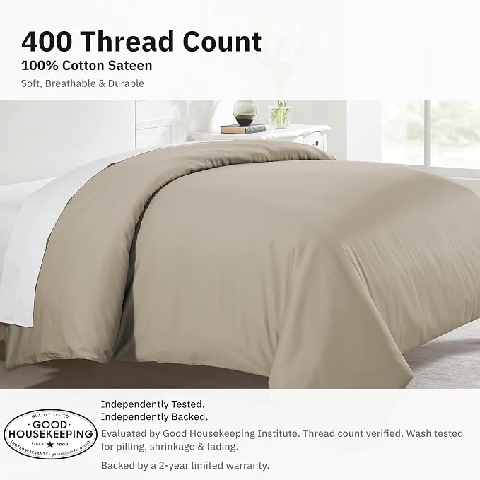 California Design Den Soft 100% Cotton Sateen Twin XL Duvet Cover, Taupe | Duvet Cover Only, Comforter Not Included, Backed by Good Housekeeping Seal, Button Closure & Corner Ties