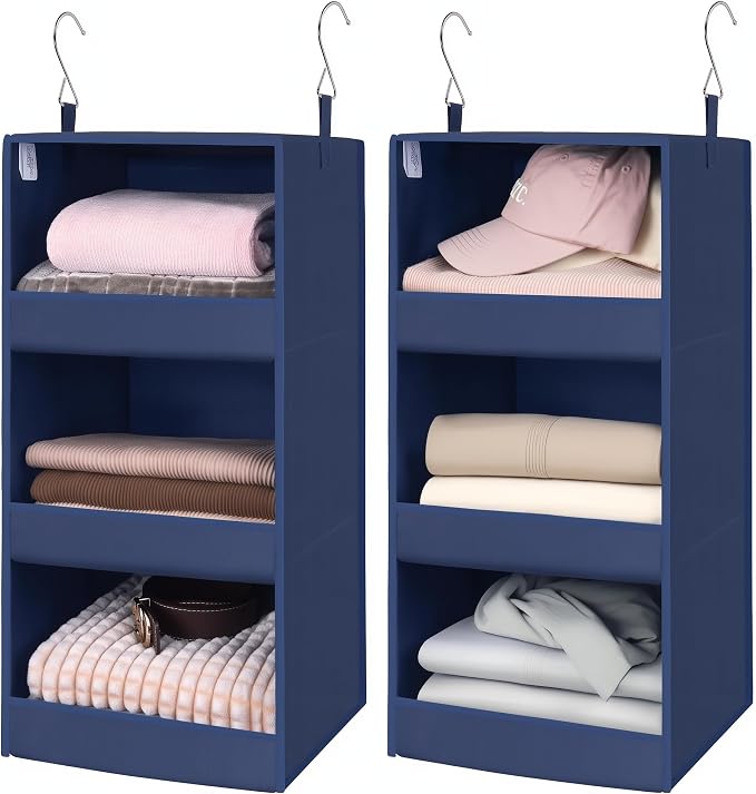 GRANNY SAYS 3-Shelf Hanging Closet Organizer, Foldable Storage, Navy | 33 lb Capacity, No-Sag Support, Keeps Clothes Neat, Folds Flat, Fits RV, Dorm & Small Closets, 2 Pack
