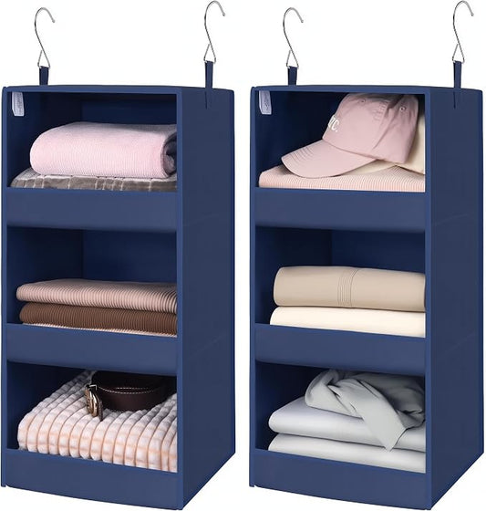 GRANNY SAYS 3-Shelf Hanging Closet Organizer, Foldable Storage, Navy | 33 lb Capacity, No-Sag Support, Keeps Clothes Neat, Folds Flat, Fits RV, Dorm & Small Closets, 2 Pack