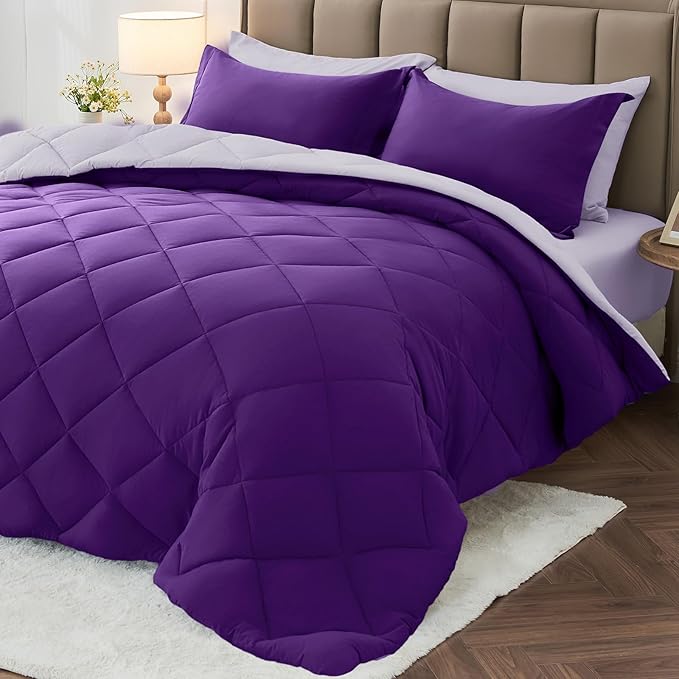 7 Pieces Full Comforter Set, Reversible Bed in a Bag Full Size, All Season Bedding Set with Comforter, Flat Sheet, Fitted Sheet, Pillowcases & Shams, Purple & Lavender