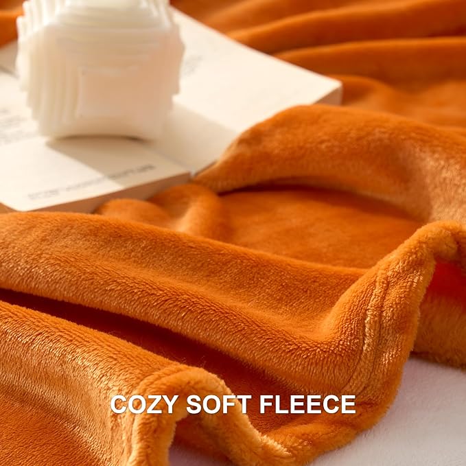Hansleep Queen Orange Fleece Blanket, Soft Flannel Bed Blanket | Fuzzy Cozy Blanket 90x90 Inches, Multi-use for Bed, Sofa, Couch, Travel, Camping, All Season Warm Lightweight Cover
