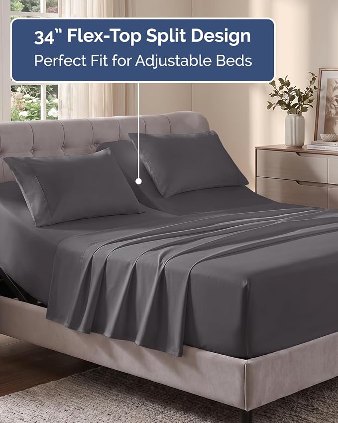 Flex Top Split Head King Sheet Set - 4 Piece Extra Deep Sheets - Dark Grey | Easily Fits 18 to 24 inch Mattress, Ultra Soft, Wrinkle & Fade Free with Extra Deep Pockets, Comfy Hotel Luxury Bedding