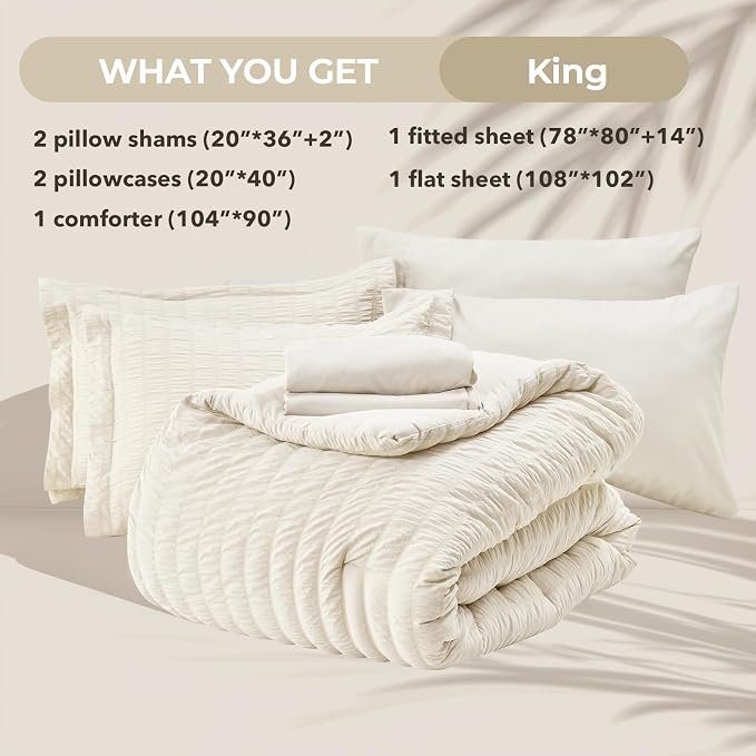 HYMOKEGE Ivory King Size Comforter Set Seersucker 7 Pieces, All Season Luxury Bed in a Bag for Bedroom, Bedding Set with Comforters, Sheets, Pillowcases & Shams