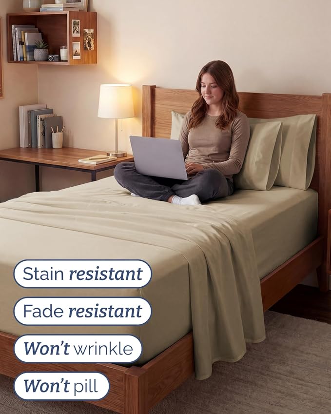 Extra Deep Twin XL Sheet Set - 4 Piece College Dorm Room - Cream | College Dorm Room Essentials, Easy & Secure Fit, Ultra-Soft, Wrinkle & Fade Free, Comfy Sheets Set with Extra Deep Pockets