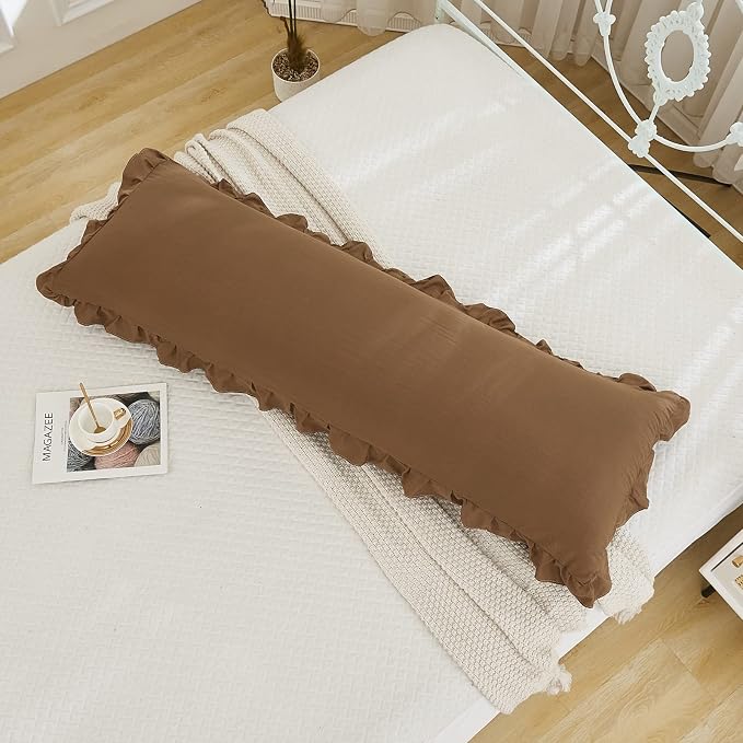 Brown Body Pillow Cover 20x54inches Long Pillowcase Ruffled Pillowcases Shabby Chic Ruffled Fringe Decor Body Ruffled Pillow Sham Cute Pillowcase (1 Body, Brown)