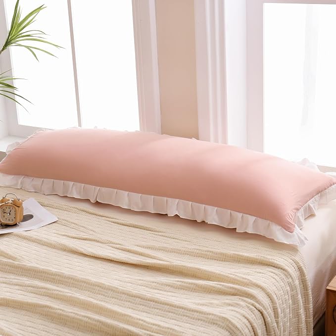 Merryword Pink Body Pillow Cover 20x54inches Reversible Long Pillowcase Ruffled Body Pillowcases Cute Pillowcase Pillow Sham (1 Body, Pink White)