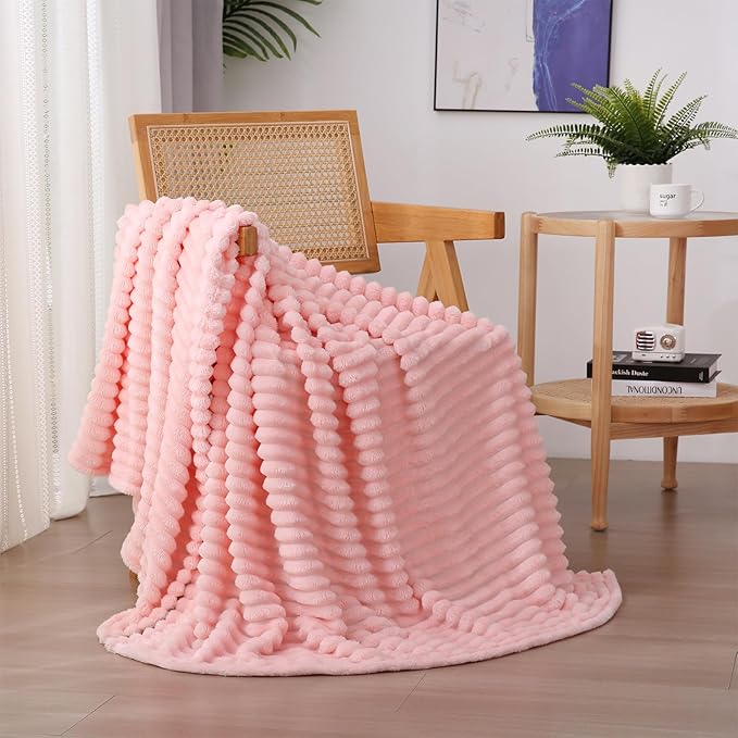 Light Pink Fleece Throw Blanket 50”×70” for Couch Sofa Livingroom | Super Soft Cozy Plush Microfiber Flannel Bed Blanket Striped Design Lightweight Home Decor Gifts for Adults Mom Women