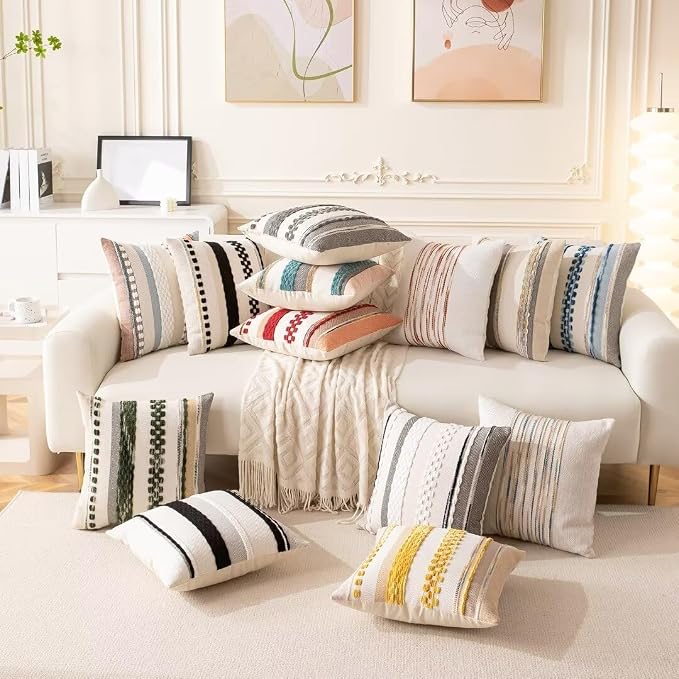 Boho Throw Pillow Covers Decorative Neutral Farmhouse Pillow case | 18x18 Set of 2 Cushion Case Striped Square Pillows Cover Couch Pillow Cases Accent Pillowcase for Sofa Bed,Dark Green