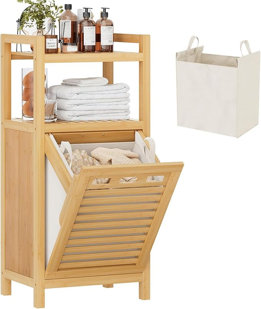 Homykic Tilt Out Laundry Hamper Cabinet, 10 Gal Bamboo Laundry Organizer | Wooden Laundry Basket with Removable Bag, Hidden Hamper with Shelf for Clothes, Bathroom, Laundry Room, Bedroom, Space Saving