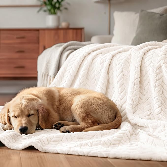 Exclusivo Mezcla Fleece Throw Blanket for Couch Sofa, 50”x70”, Off White | Oversized Soft Cozy Fluffy Blankets for Summer, Decorative Plush Flannel Throws for Living Room, Bedroom with Leaves Pattern