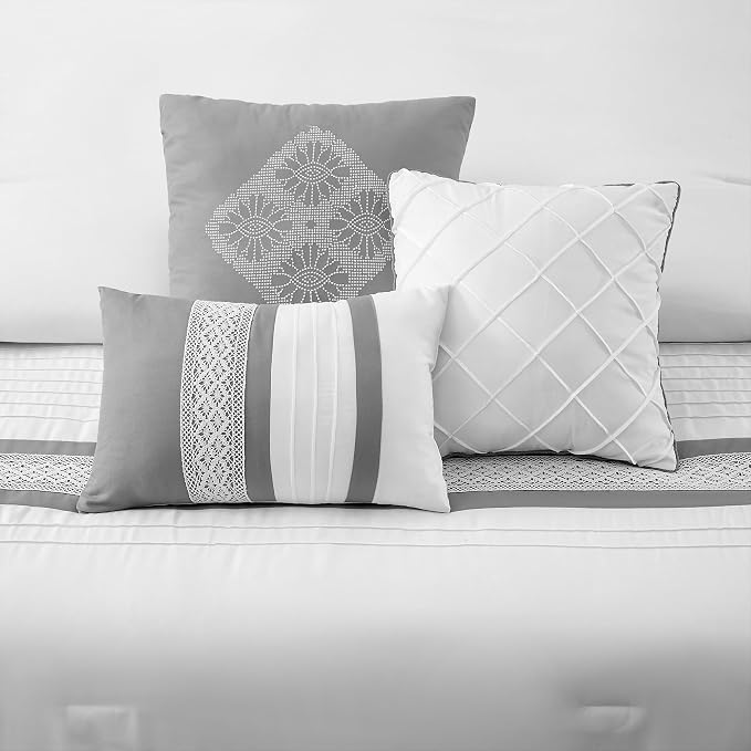 7 Piece Comforter Set, Grey White, Queen Size, Boho Style Geometric Microfiber Embroidery, Bed in a Bag with Bedskirt, Pillow Shams and Decor Pillows