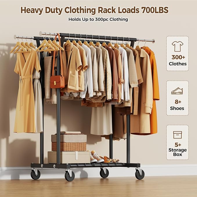 HYSEYY Heavy Duty Clothes Rack, Rolling Clothing Rack for Hanging Clothes with Shelves Load 700LBS,Portable Garment Wardrobe Closet Rack with Wheels for Bedroom,Laundry Room,Retail Store,Black