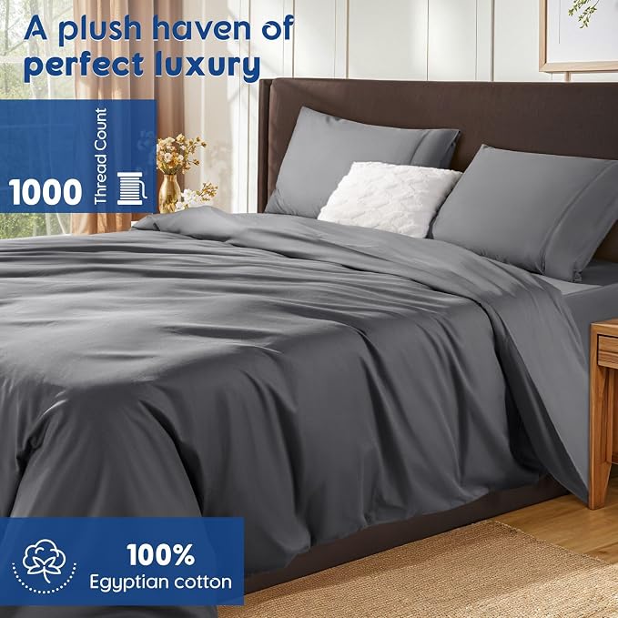 SONORO KATE 1000 Series 100% Egyptian Cotton Queen Duvet Cover Set,3PC | Long Staple Cotton,Sateen Weave,Soft,Breathable,Luxury Hotel Bedding,All-Season,Hidden Zipper Closure,Dark Grey