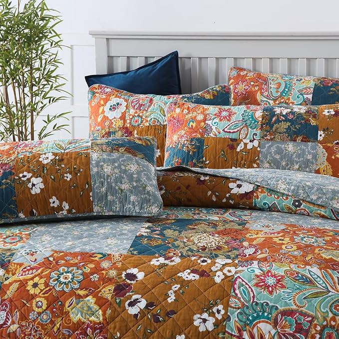 VISIMISI Cotton Bedspread Quilt Sets Reversible Bedding Coverlet Sets 3 Pieces Paisley Vintage Floral Yellow Blue Patchwork Bedspread, King Size