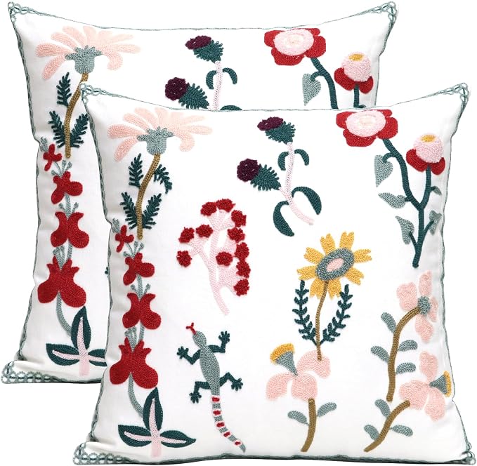 Pack of 2 Embroidered Decorative Throw Pillow Cover 18x18 Inch Farmhouse Floral Pillowcase for Living Room Sofa Bed (Gecko Floral)