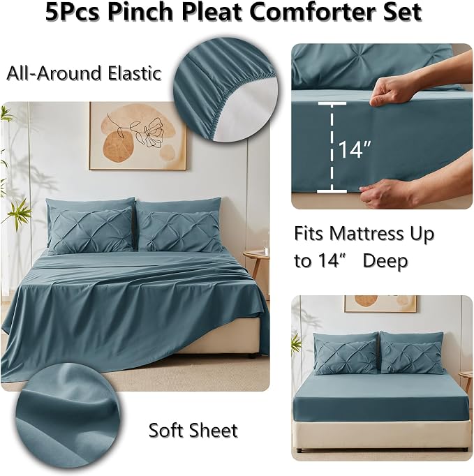 Twin XL Comforter Set Mineral Blue, 5 Pieces Pintuck Bed in a Bag | College Dorm Essentials, OEKO-TEX 100 Certified, 240GSM All Season, Down-Alternative Comforter, Sheets, Pillowcase & Sham