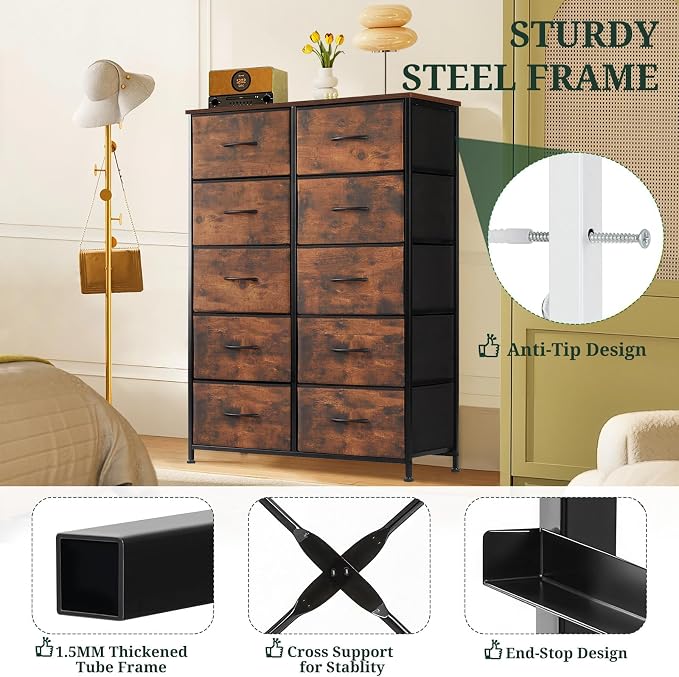 10-Drawer Dresser for Bedroom, Anti-Tip Tall Storage Organizer | Chest of Drawers with Wooden Top and Metal Frame Fabric Bins for Closet, Living Room, Hallway, Entryway, Brown