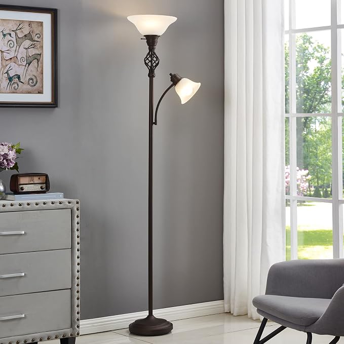 GyroVu Torchiere Floor Lamp for Living Room, LED Standing Reading Light | Glass Lampshade,72" Vintage Tall Lamps for Bedroom Corner Home Office, Bulbs Included