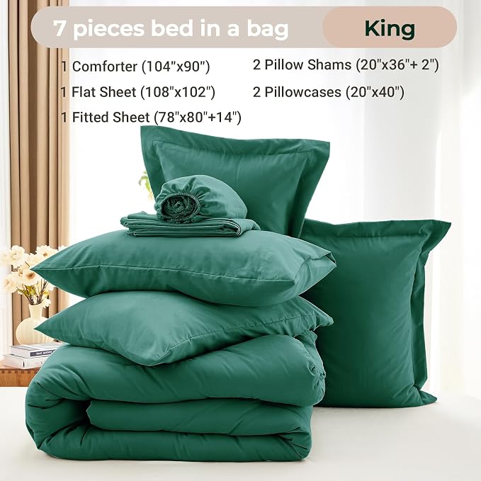 7 Pieces King Comforter Set, Soft Bed in a Bag King Size, All Season Bedding Set with Comforter, Flat Sheet, Fitted Sheet, Pillowcases & Shams, Emerald Green