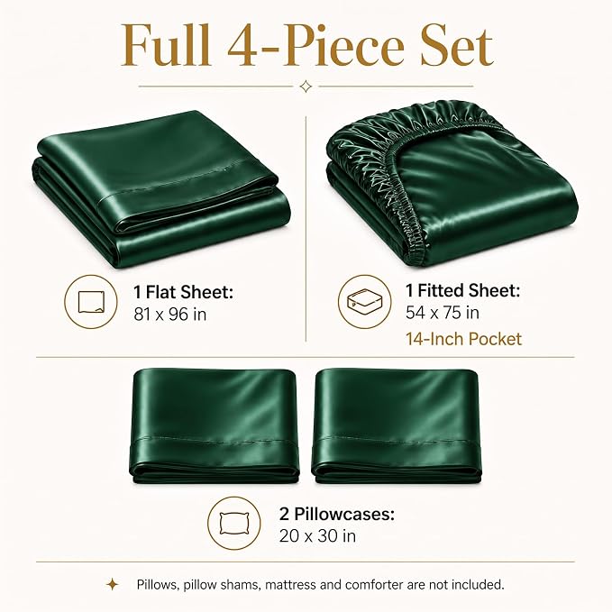 CozyLux Satin Sheets Full, 4-Piece 14-Inch Deep Pocket Sheet Set | OEKO-TEX Certified Silky Soft Sheet Set for Hair & Skin, Luxurious Silky-Smooth Satin for Elegant Bedroom Decor, Dark Green