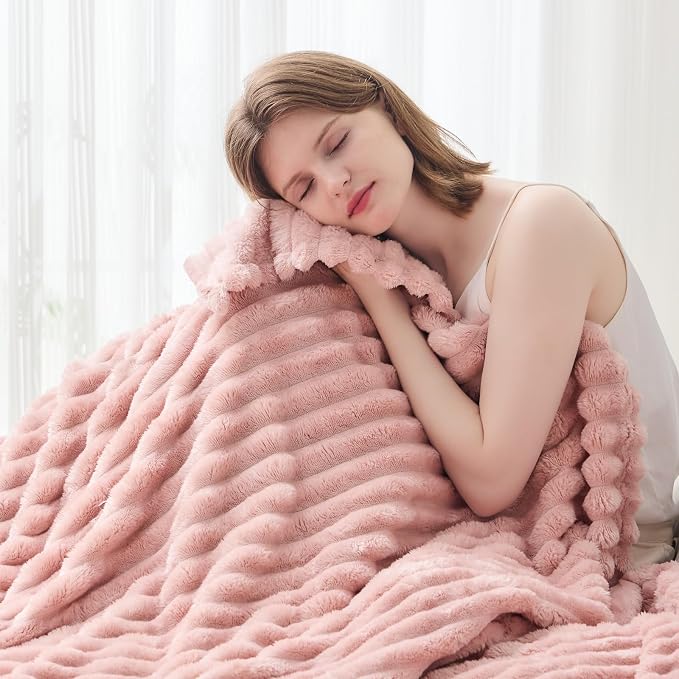 NEWCOSPLAY Fleece Ribbed Cozy Twin Blanket for Couch, Pink, 60"x80" | Premium Silky Flannel Blanket, Soft Lightweight Fluffy Throw Blanket for Bed Sofa Decor, Gift for All Season Use