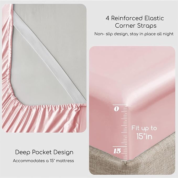 MR&HM Satin Sheets Full Size with Elastic Corner Straps, Light Pink | Similar to Silk, 4-Piece Silky Soft Bed Sheet Set, Gentle on Skin and Hair, 15" Deep Pocket, Cooling & Breathable