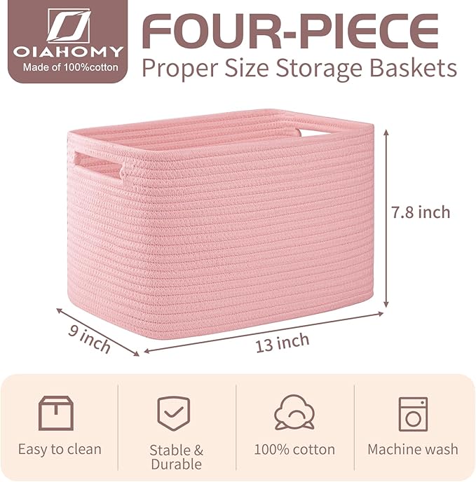 OIAHOMY 4 Pack Storage Baskets for Organizing 15L Cube Storage Bins Pink | Woven Baskets for Storage Rectangle Small Baskets With Handles Baskets for Shelves Wicker Baskets for Shelves 12.7x9x7.8inch