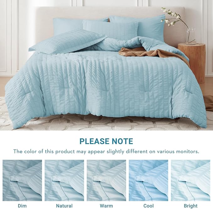 7 Pieces King Comforter Set, Seersucker Bed in a Bag King Size, All Season Luxury Bedding Set with Comforter, Flat Sheet, Fitted Sheet, Pillowcases & Shams, Lake Blue