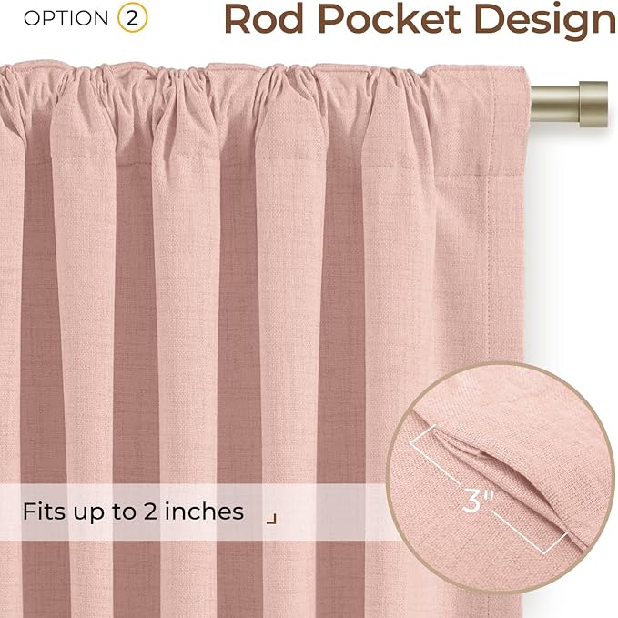 INOVADAY 100% Blackout Linen Curtains for Bedroom 50x90 Inches Blush Pink | Linen Textured, Light Blocking, Room Darkening, Thermal Insulated, Back Tab Top, Window Curtains for Living Room, 2 Panels