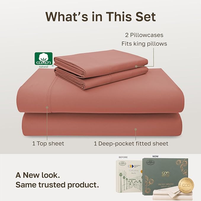 California Design Den 600 Thread Count King Size Bedsheets Set, Terracotta | 100% Cotton Sateen Backed by Good Housekeeping Seal, Soft & Smooth, 16" Deep Pocket, All-Around Elastic, Durable, Easy Care