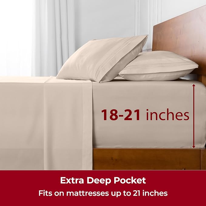 Mellanni Iconic 4-Piece, Ultra Soft Sheet Set (Queen, Beige) | 10M+ Sleepers. Lab-tested: Sleeps Cool, Stays Bright, Strong, Smooth. Good Housekeeping Best Bedding, 7 yrs running.