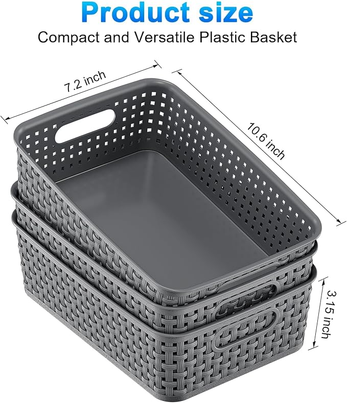 6 Pack Plastic Storage Baskets, Small Baskets for Organizing, Plastic Storage Bins Wicker Pantry Organizer Bins Household Toys for Laundry Room, Bedrooms, Kitchens, Cabinets, Countertops | Plastic, Storage Bins, Pantry Organizer Household Toys, for Lau...