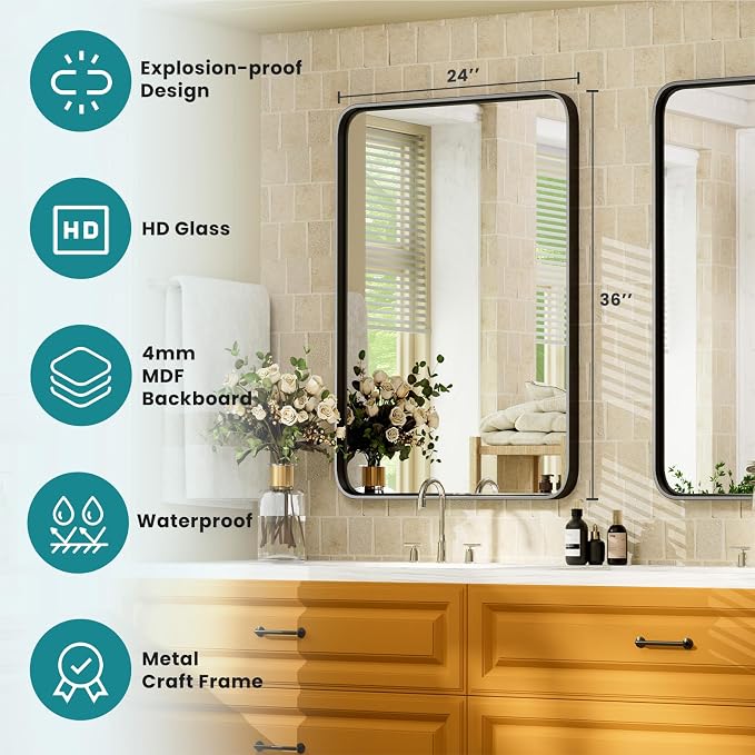 NEWBULIG Bathroom Mirror for Over Sink, 30X40 Inch Wall Vanity Mirror | Wall Mount, Tempered Glass, Anti-Rust Metal Framed, Rounded Rectangle, Farmhouse Home Decor, Black